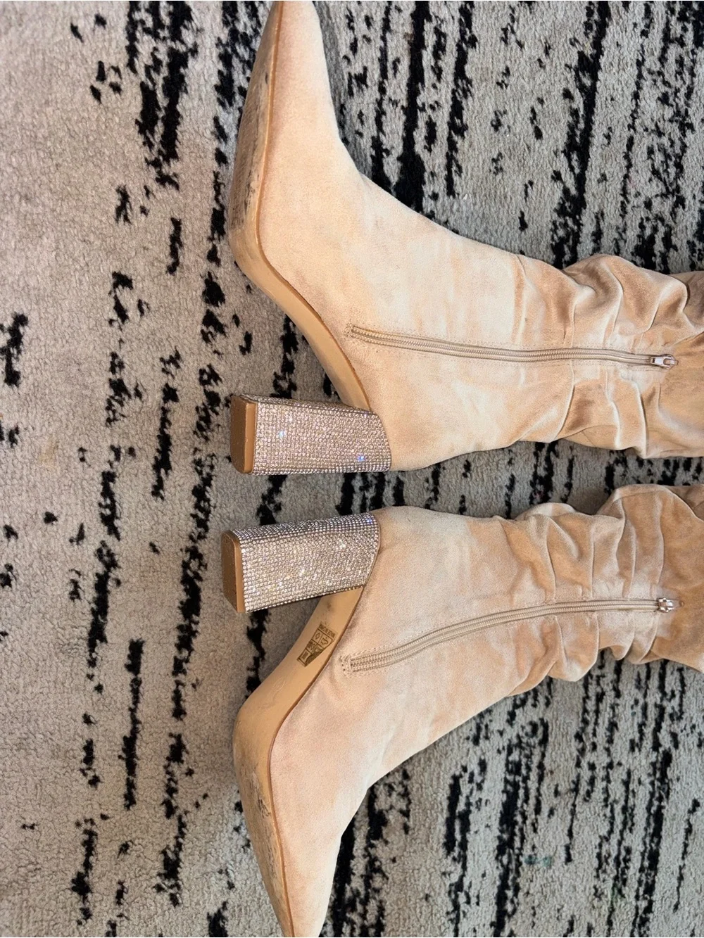 Over-the-Knee Slouchy Velvet Boots in Champagne with Sparkly Rhinestone Heel